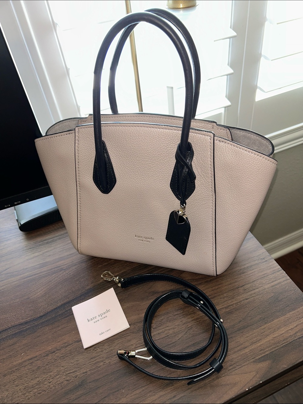 kate spade Pebbled Leather Tote Taupe Leather with Black Trim - Picture 1 of 13